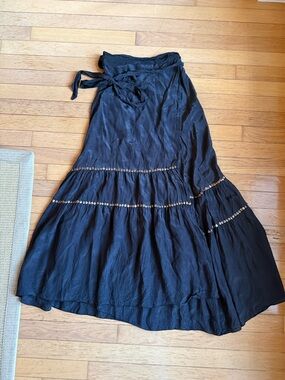 Black Tiered Maxi Skirt with Decorative Trim and Tie Waist